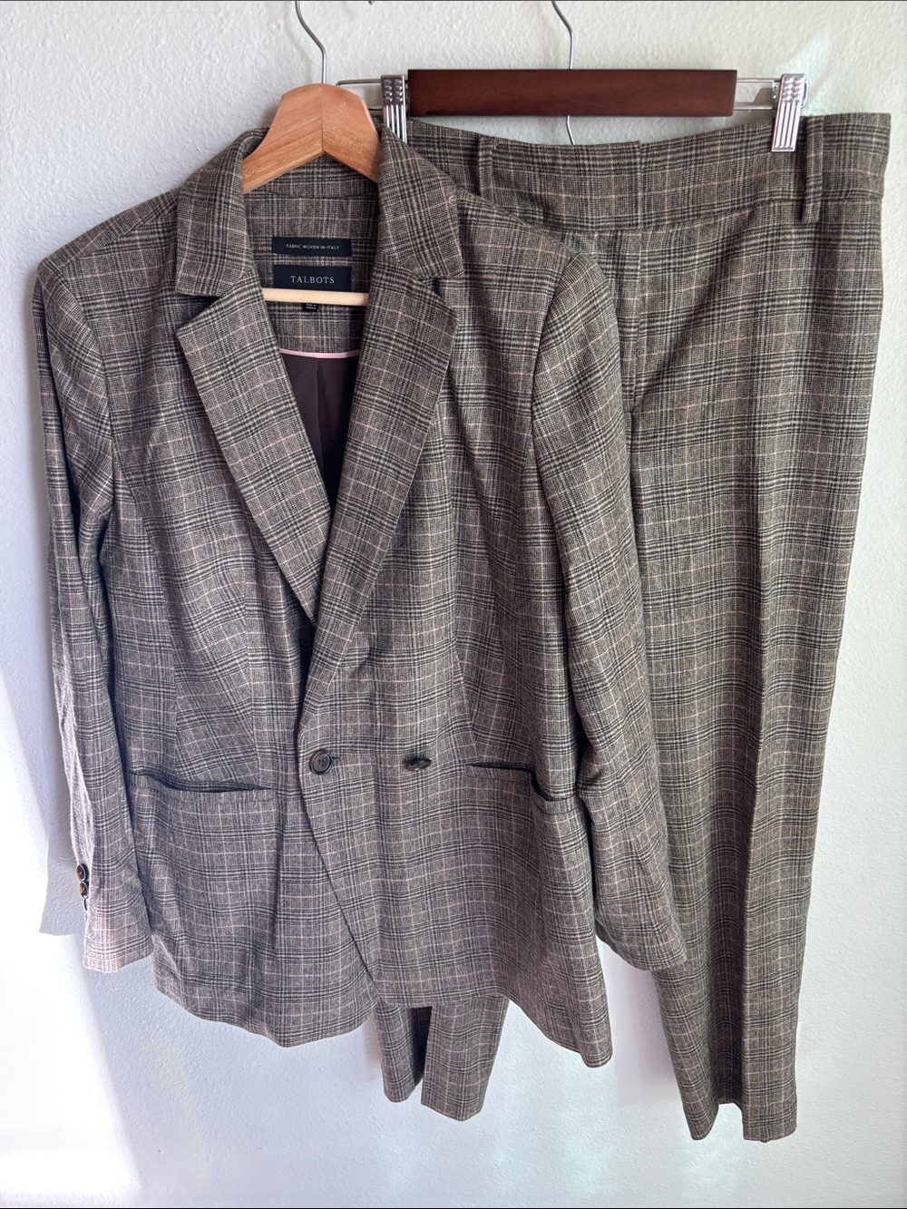 TALBOTS Luxe Italian Wool Glen Plaid Blazer Pants Set 2 PC Suit M Medium